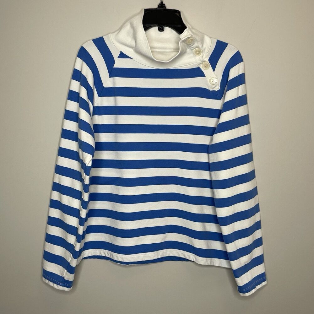 J.CREW Sweatshirt Women Large Striped Button Collar Pullover Terry Blue BQ148